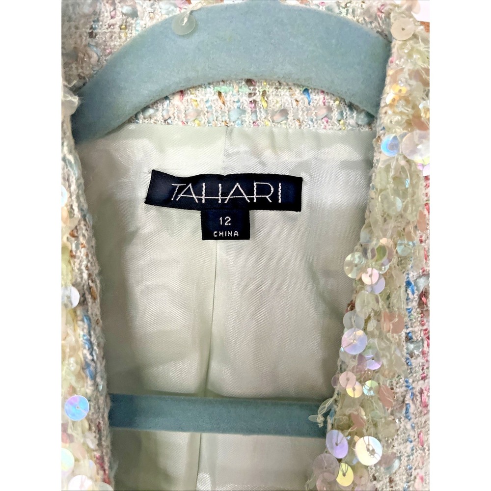 Tahari 2 Pc Boucle Tweed Skirt Suit Set Size 12 Sequin Trim Pastel Career - Picture 4 of 16